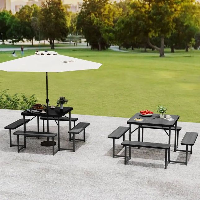 Outdoor Square Picnic Table Bench Set for 4-8 People with Umbrella Hole-Black - Black - Picnic Tables