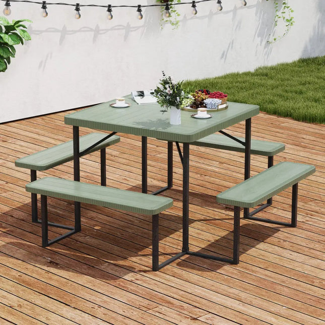 Outdoor Square Picnic Table Bench Set for 4-8 People with Umbrella Hole-Green - Green - Picnic Tables