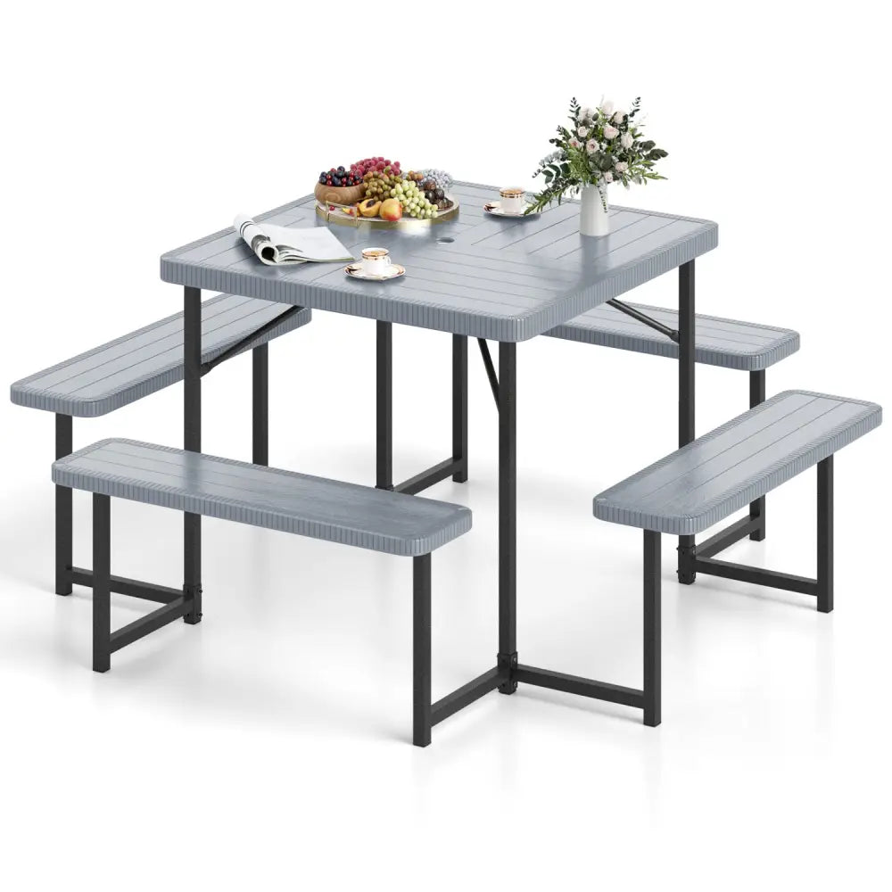 Outdoor Square Picnic Table Bench Set for 4-8 People with Umbrella Hole-Gray - Gray - Picnic Tables