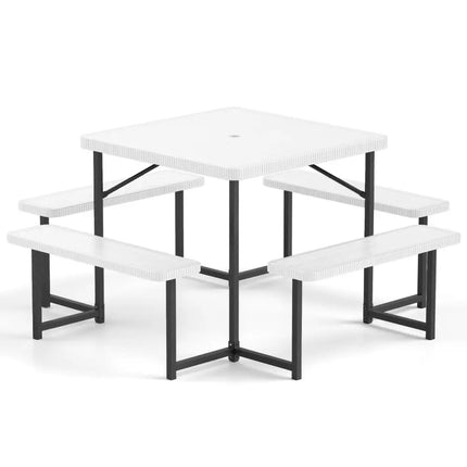 Outdoor Square Picnic Table Bench Set for 4-8 People with Umbrella Hole-White - White - Picnic Tables