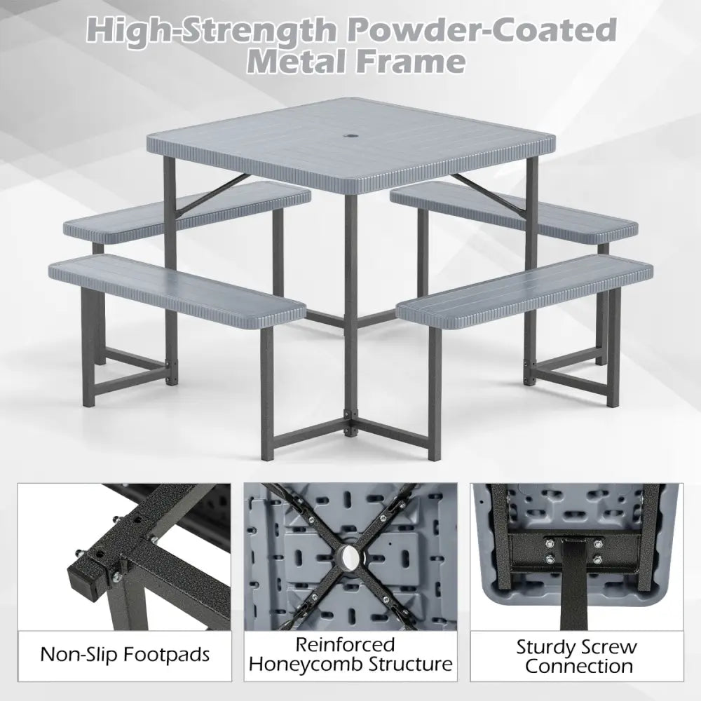 Outdoor Square Picnic Table Bench Set for 4-8 People with Umbrella Hole-Gray - Gray - Picnic Tables