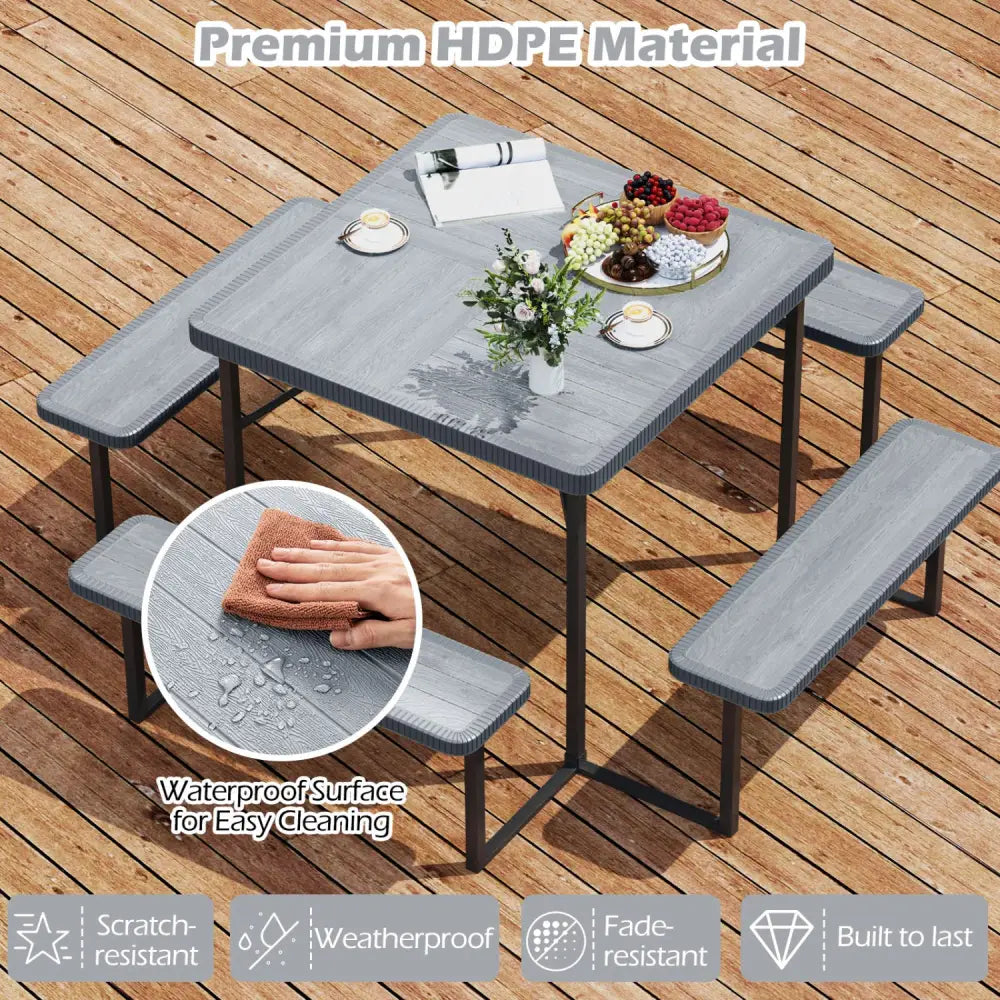 Outdoor Square Picnic Table Bench Set for 4-8 People with Umbrella Hole-Gray - Gray - Picnic Tables