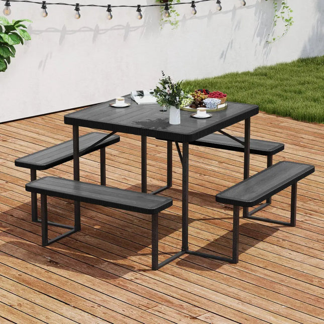 Outdoor Square Picnic Table Bench Set for 4-8 People with Umbrella Hole-Black - Black - Picnic Tables