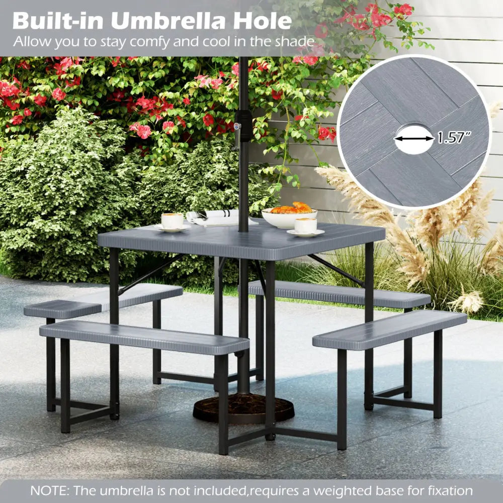 Outdoor Square Picnic Table Bench Set for 4-8 People with Umbrella Hole-Gray - Gray - Picnic Tables