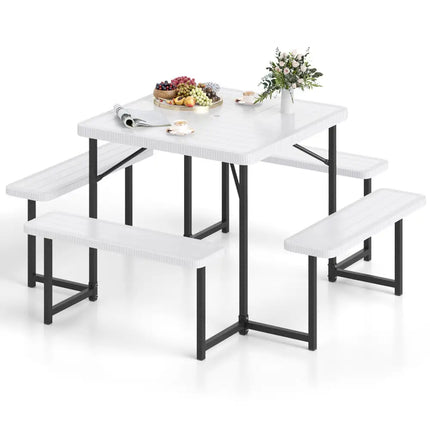 Outdoor Square Picnic Table Bench Set for 4-8 People with Umbrella Hole-White - White - Picnic Tables