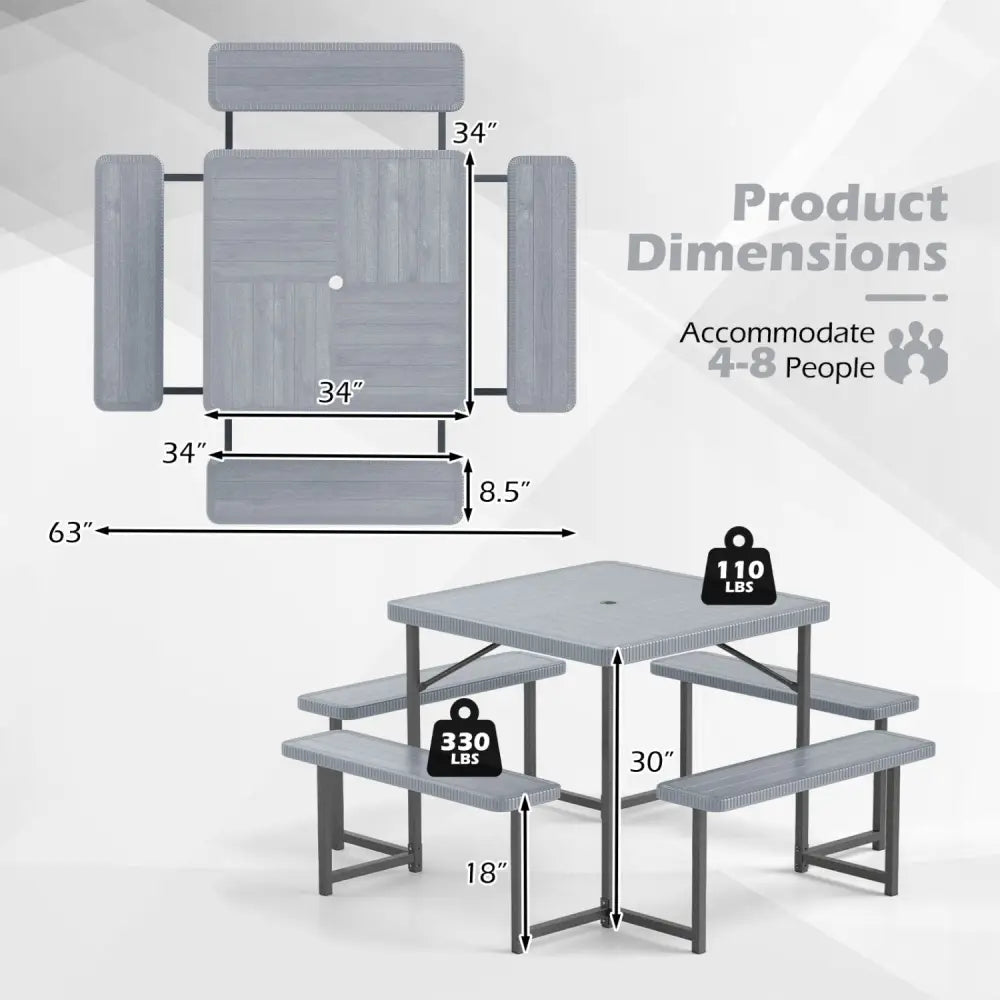 Outdoor Square Picnic Table Bench Set for 4-8 People with Umbrella Hole-Gray - Gray - Picnic Tables