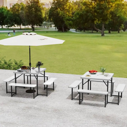 Outdoor Square Picnic Table Bench Set for 4-8 People with Umbrella Hole-White - White - Picnic Tables