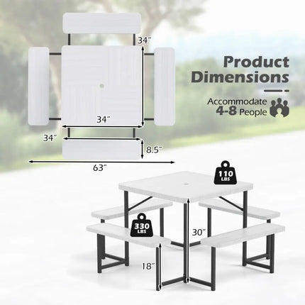 Outdoor Square Picnic Table Bench Set for 4-8 People with Umbrella Hole-White - White - Picnic Tables