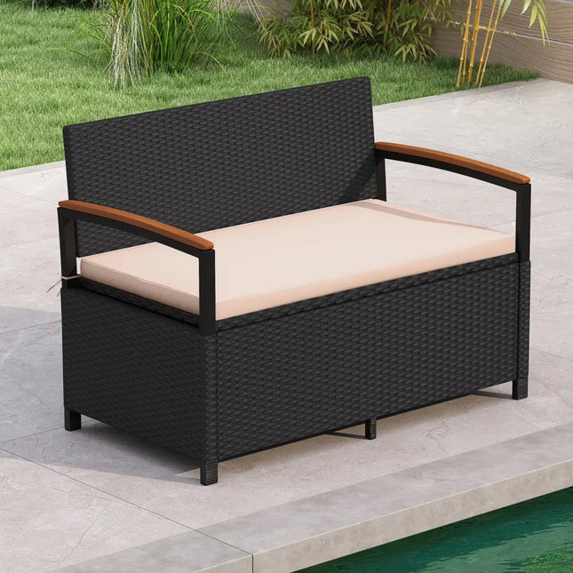 Outdoor Storage Bench Deck Box Patio Furniture with Cushion-Brown - Beige - Sheds & Outdoor Storage