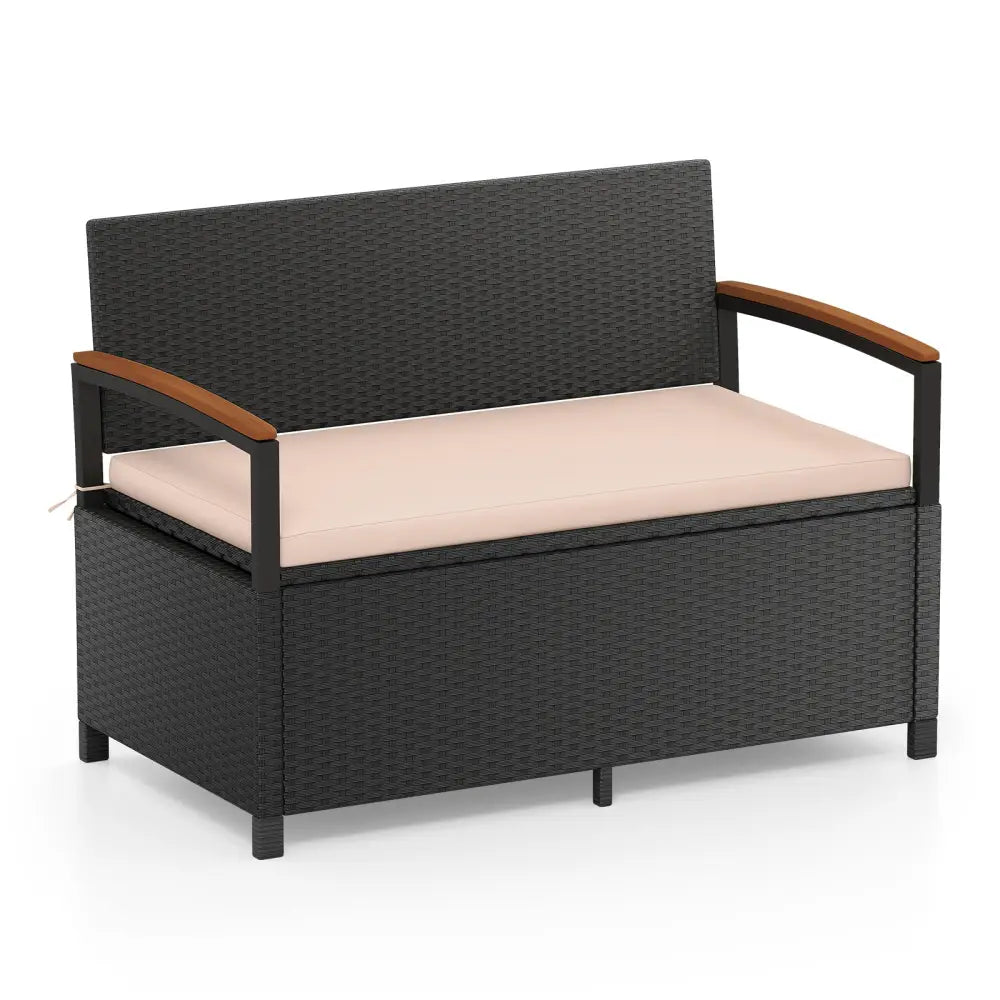 Outdoor Storage Bench Deck Box Patio Furniture with Cushion-Brown - Beige - Sheds & Outdoor Storage