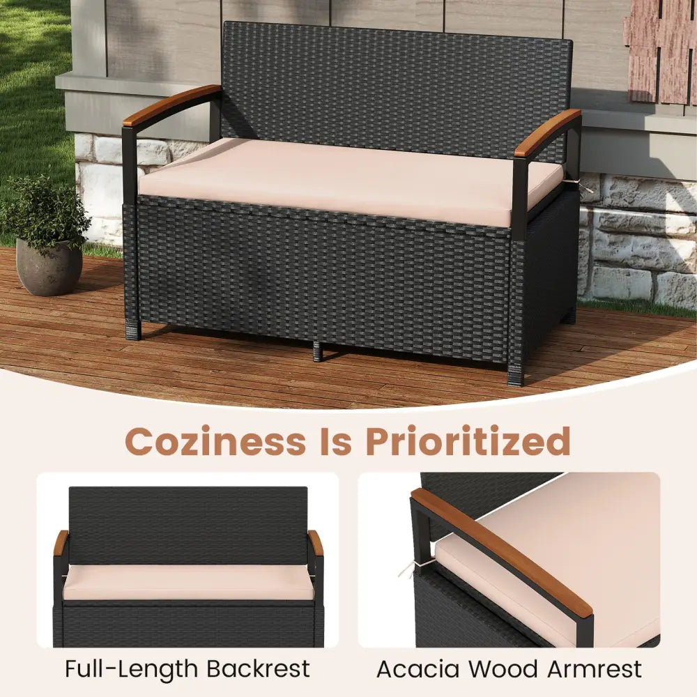 Outdoor Storage Bench Deck Box Patio Furniture with Cushion-Brown - Beige - Sheds & Outdoor Storage