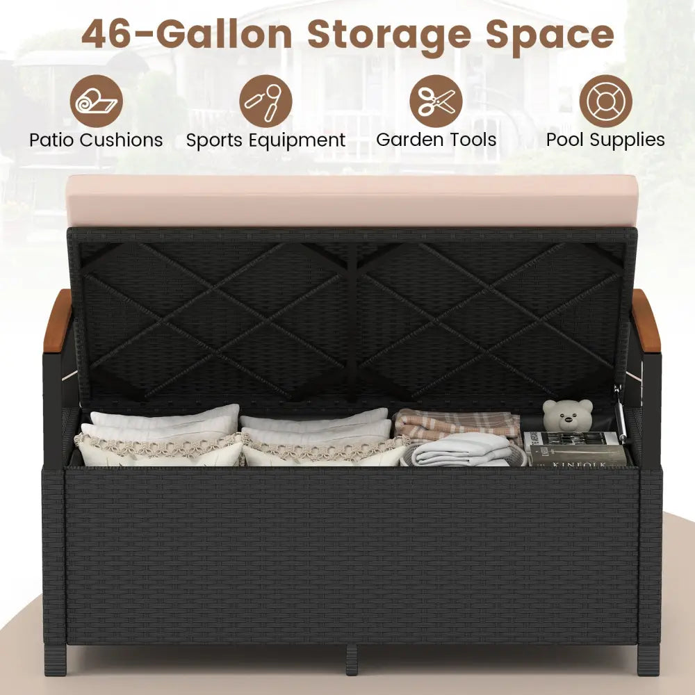 Outdoor Storage Bench Deck Box Patio Furniture with Cushion-Brown - Beige - Sheds & Outdoor Storage