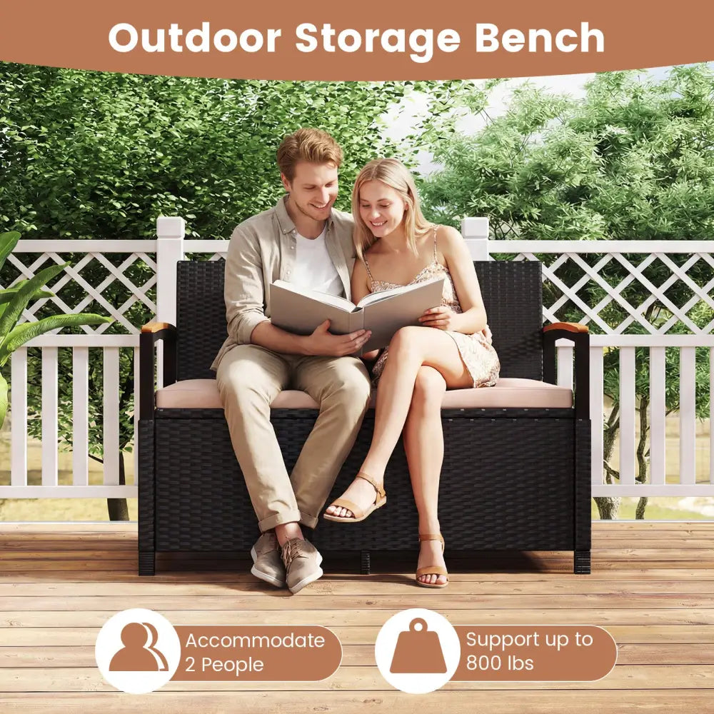 Outdoor Storage Bench Deck Box Patio Furniture with Cushion-Brown - Beige - Sheds & Outdoor Storage