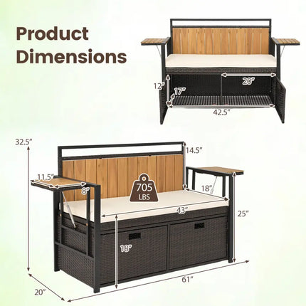 Outdoor Storage Bench with 2 Side Tables and 2-Seater Bench Seat - Sheds & Outdoor Storage