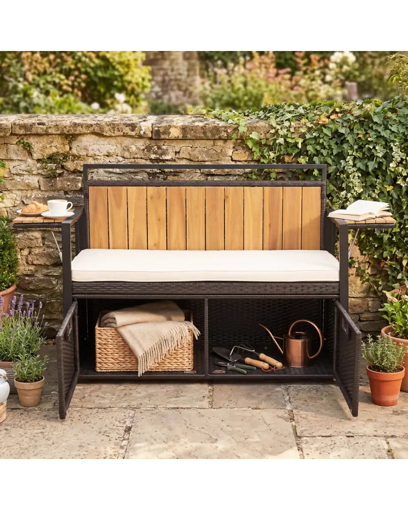 Outdoor Storage Bench with 2 Side Tables and 2-Seater Bench Seat - Sheds & Outdoor Storage