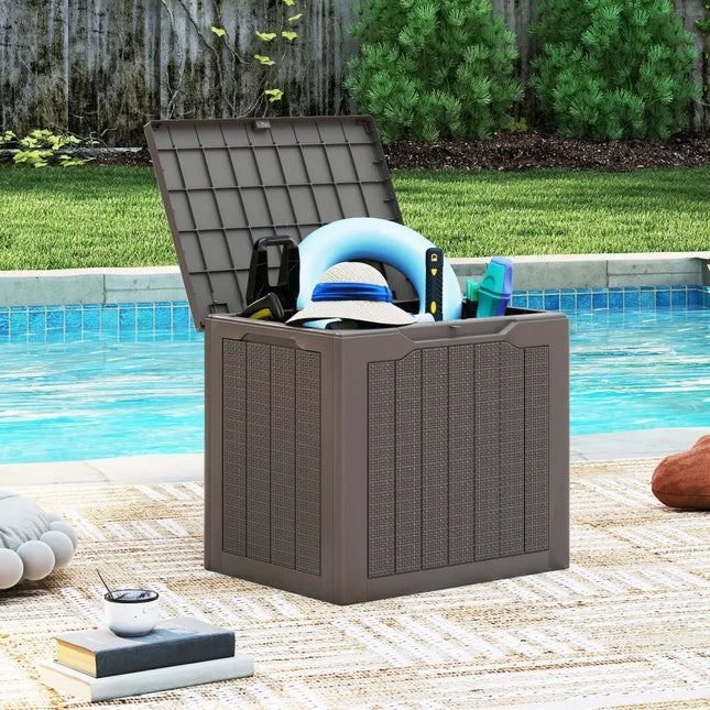 Outdoor Storage Box 25 Gallon Deck Box with Lockable Lid and Wicker-woven Texture-Brown - Brown - Garages