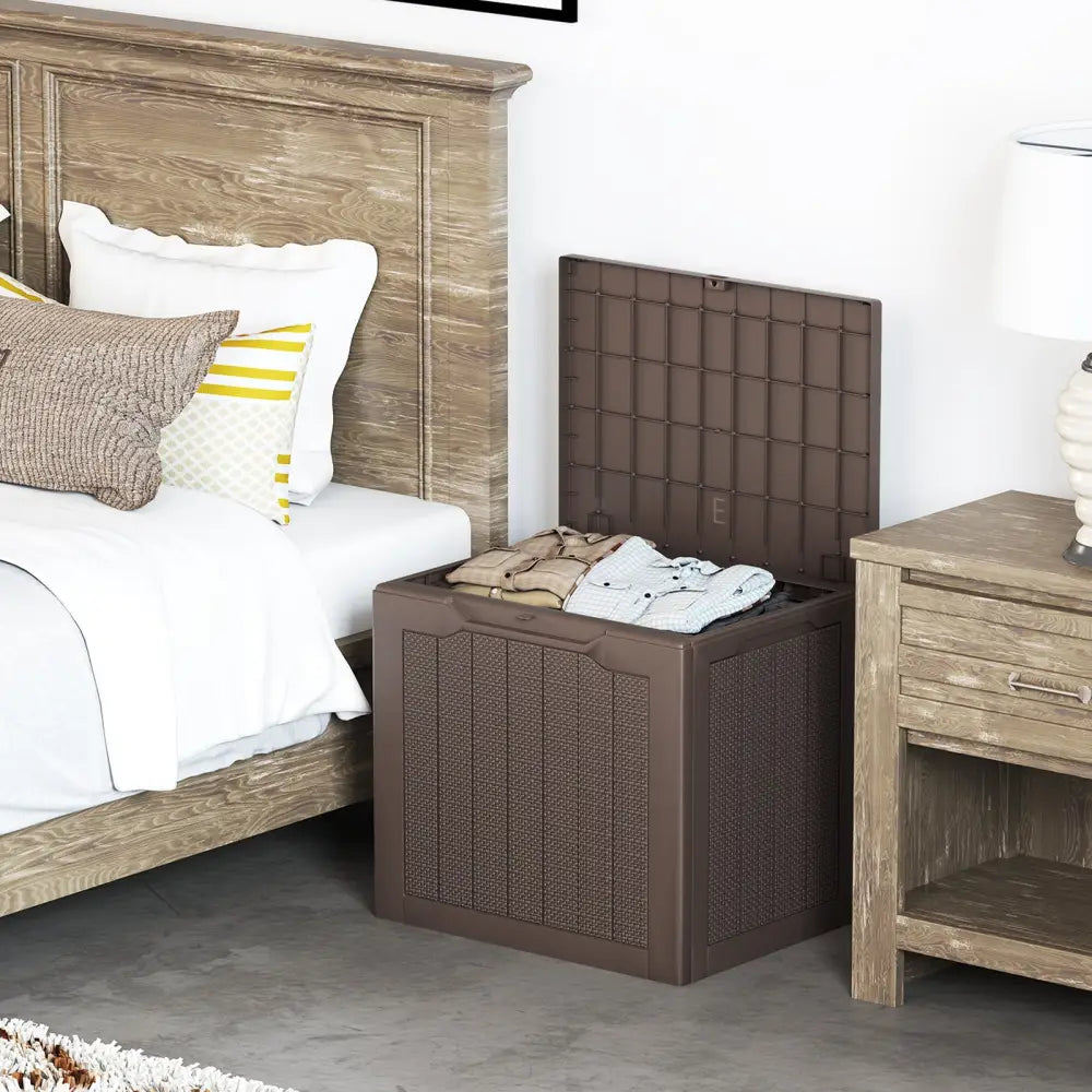 Outdoor Storage Box 25 Gallon Deck Box with Lockable Lid and Wicker-woven Texture-Brown - Brown - Garages
