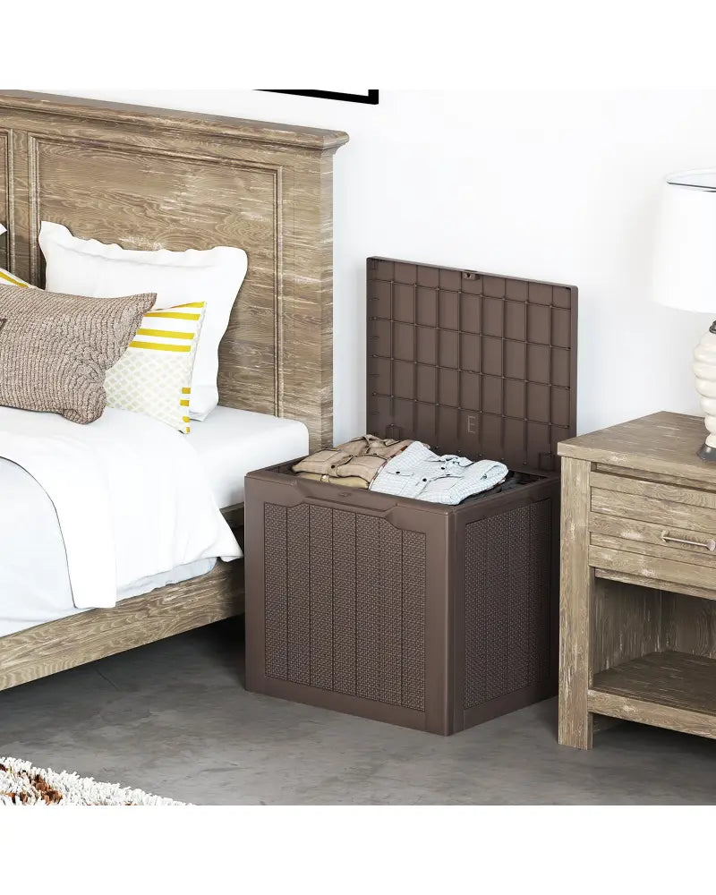 Outdoor Storage Box 25 Gallon Deck Box with Lockable Lid and Wicker-woven Texture-Brown - Brown - Garages