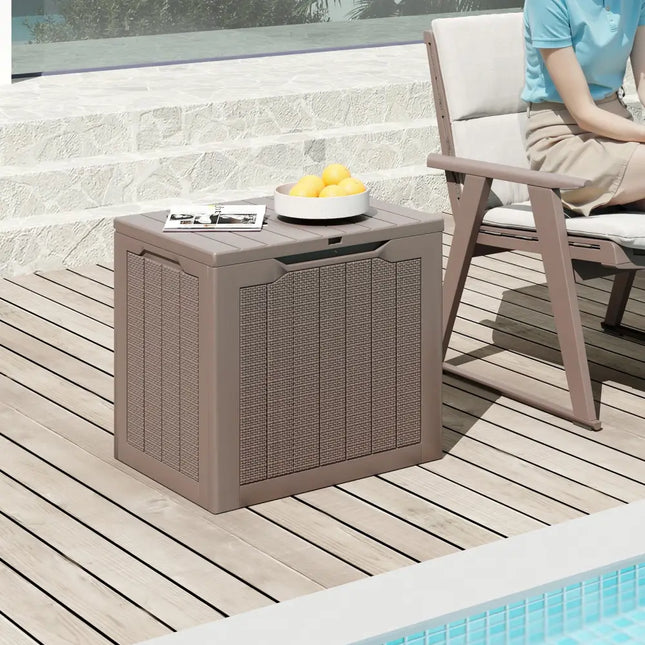 Outdoor Storage Box 25 Gallon Deck Box with Lockable Lid and Wicker-woven Texture-Brown - Brown - Garages