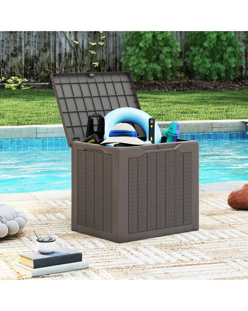 Outdoor Storage Box 25 Gallon Deck Box with Lockable Lid and Wicker-woven Texture-Brown - Brown - Garages