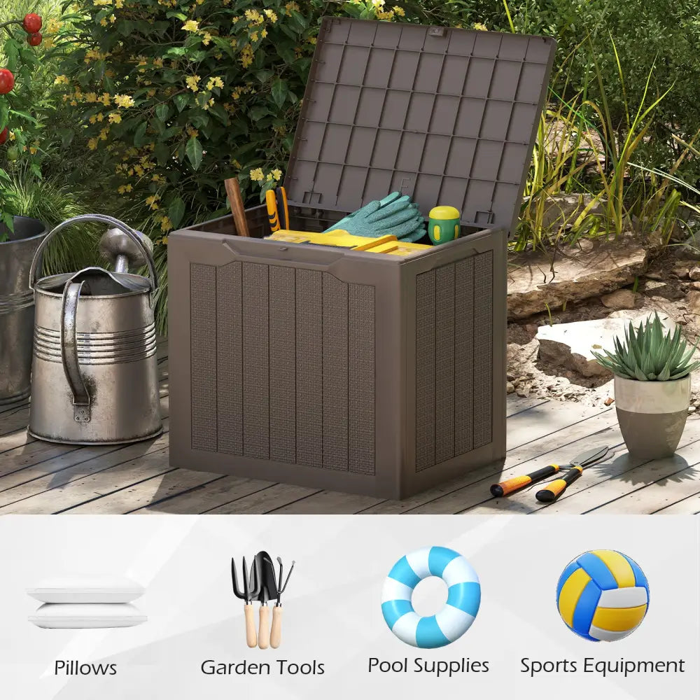Outdoor Storage Box 25 Gallon Deck Box with Lockable Lid and Wicker-woven Texture-Brown - Brown - Garages