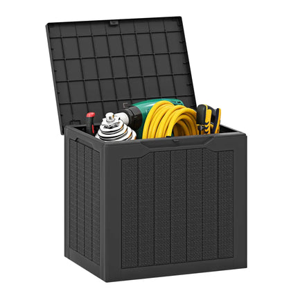 Outdoor Storage Box 25 Gallon Deck Box with Lockable Lid and Wicker-woven Texture-Black - Black - Garages