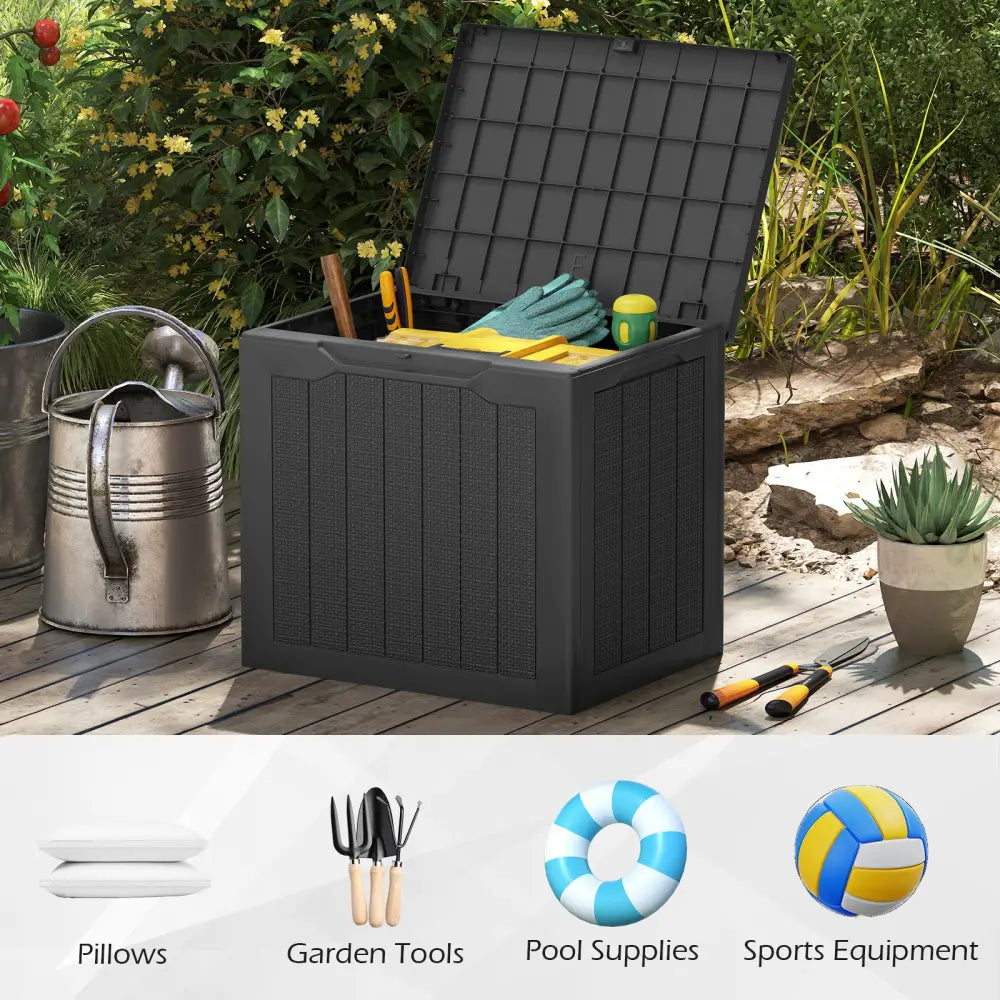 Outdoor Storage Box 25 Gallon Deck Box with Lockable Lid and Wicker-woven Texture-Black - Black - Garages