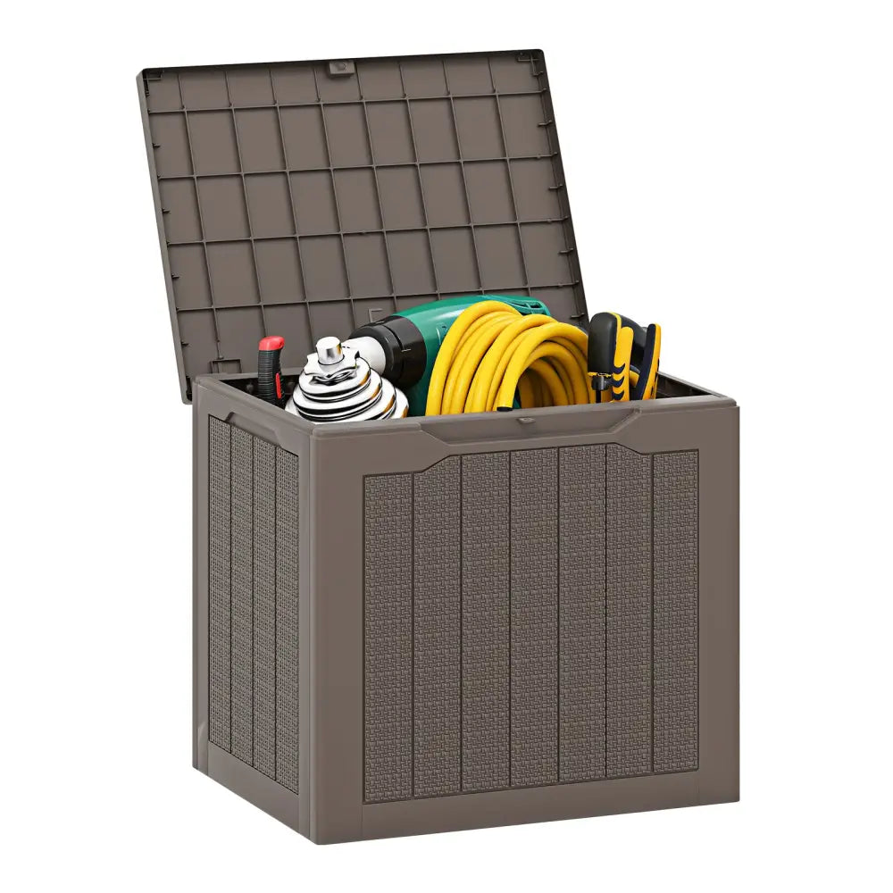 Outdoor Storage Box 25 Gallon Deck Box with Lockable Lid and Wicker-woven Texture-Brown - Brown - Garages