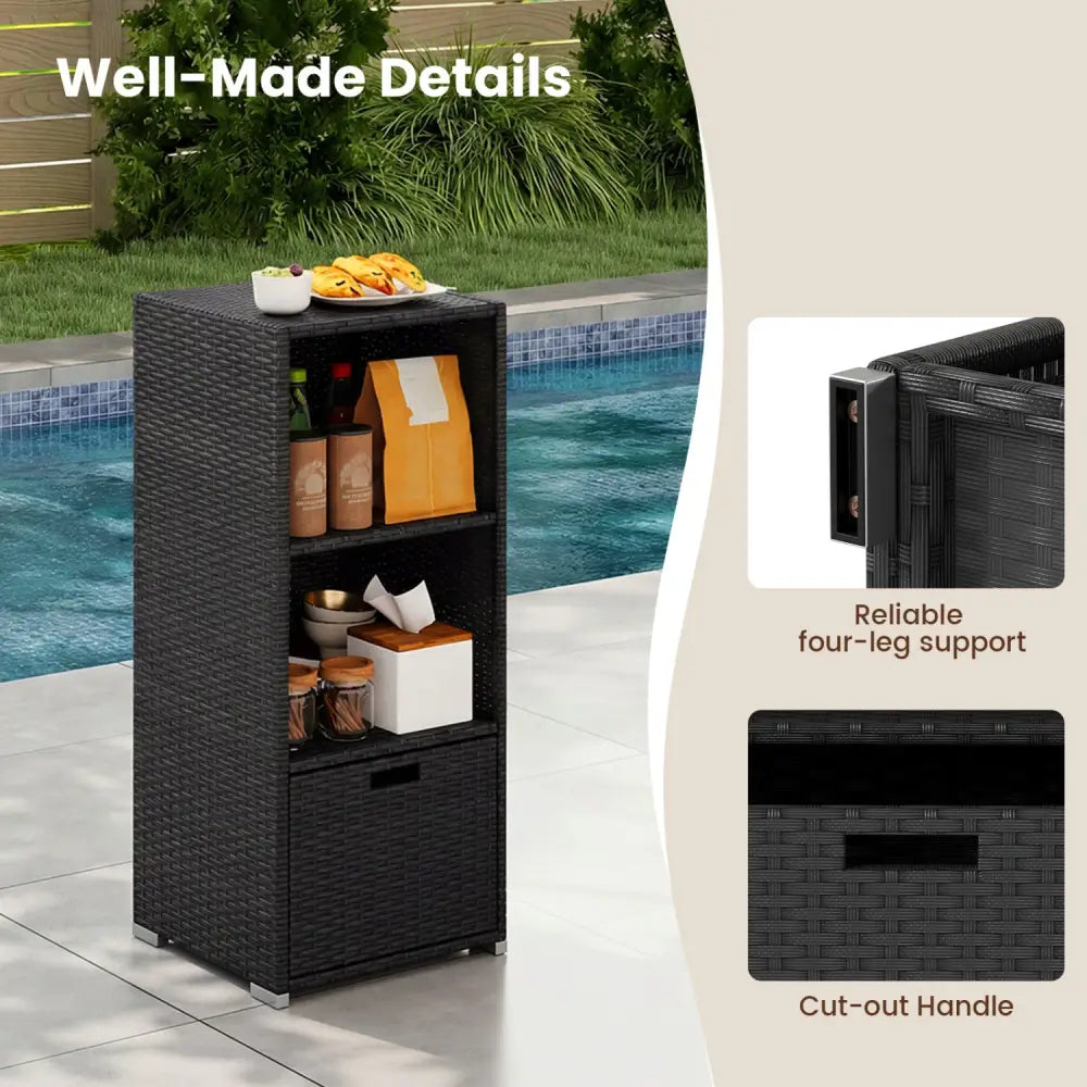 Outdoor Storage Cabinet Patio Wicker Organizer with Drawer-Black - Black - Sheds & Outdoor Storage