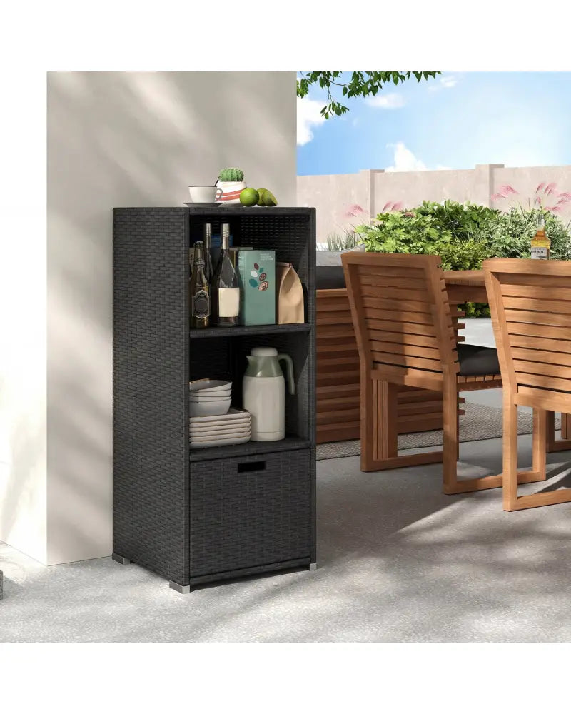 Outdoor Storage Cabinet Patio Wicker Organizer with Drawer-Black - Black - Sheds & Outdoor Storage