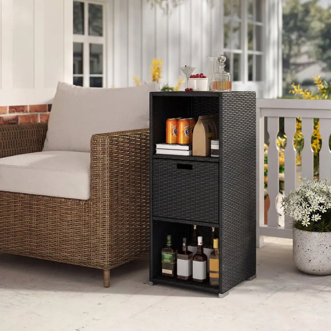 Outdoor Storage Cabinet Patio Wicker Organizer with Drawer-Black - Black - Sheds & Outdoor Storage