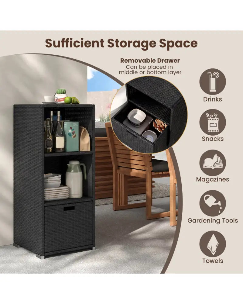 Outdoor Storage Cabinet Patio Wicker Organizer with Drawer-Black - Black - Sheds & Outdoor Storage