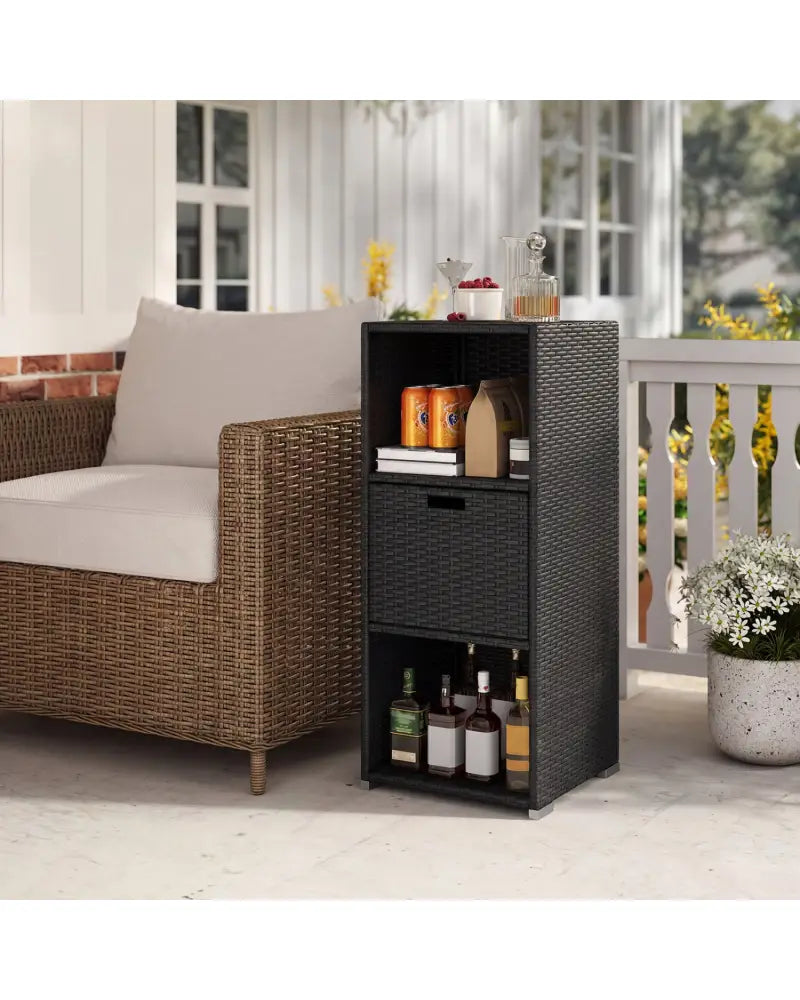 Outdoor Storage Cabinet Patio Wicker Organizer with Drawer-Black - Black - Sheds & Outdoor Storage