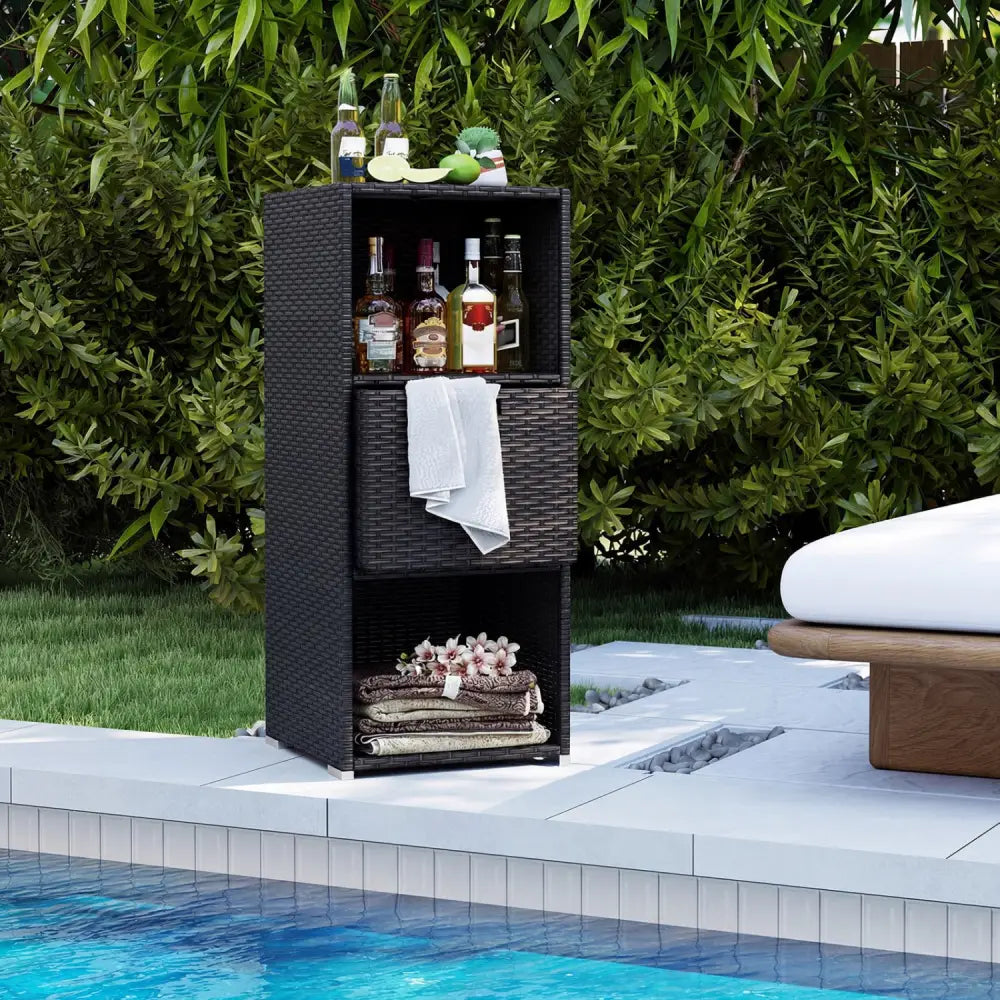 Outdoor Storage Cabinet Patio Wicker Organizer with Drawer-Black - Black - Sheds & Outdoor Storage