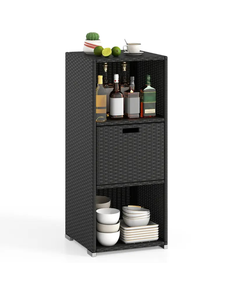 Outdoor Storage Cabinet Patio Wicker Organizer with Drawer-Black - Black - Sheds & Outdoor Storage