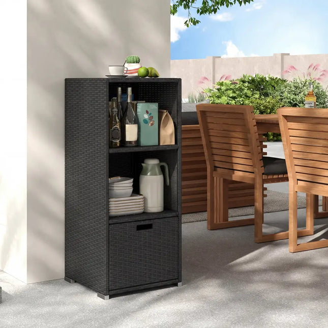 Outdoor Storage Cabinet Patio Wicker Organizer with Drawer-Black - Black - Sheds & Outdoor Storage