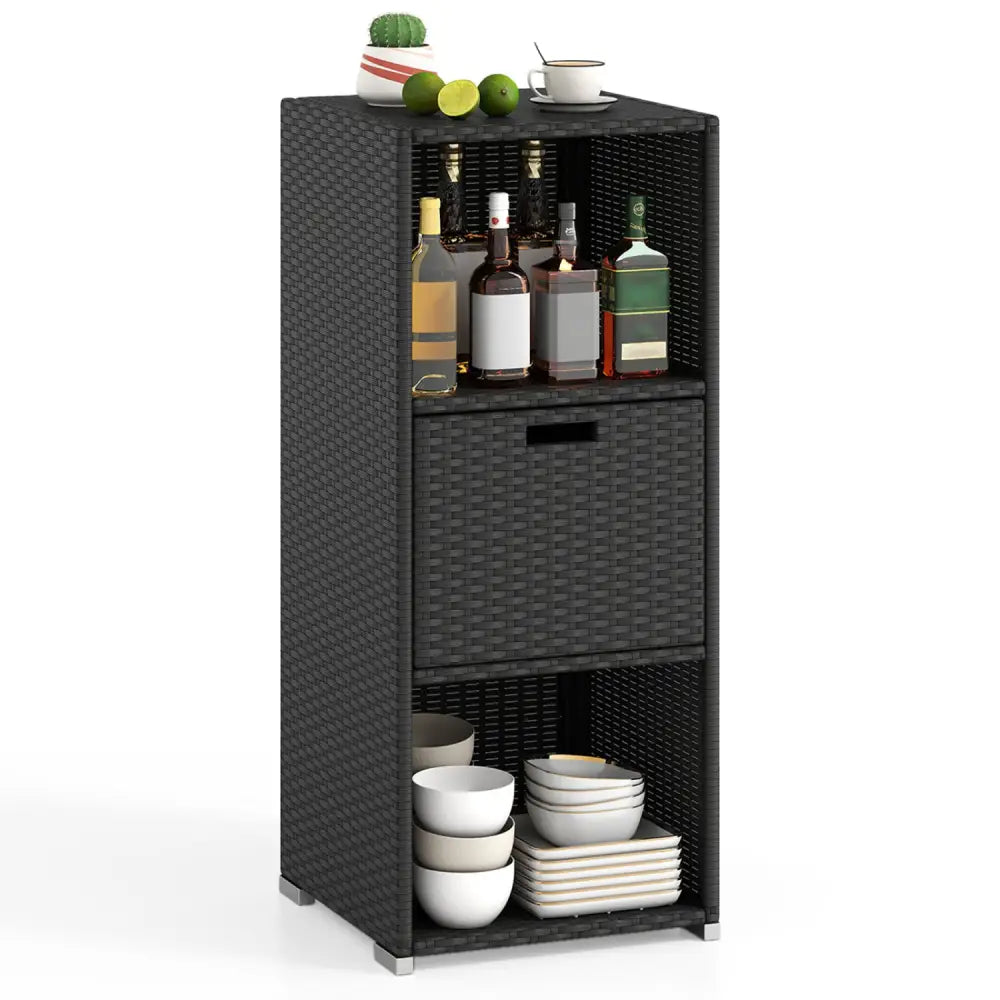 Outdoor Storage Cabinet Patio Wicker Organizer with Drawer-Black - Black - Sheds & Outdoor Storage