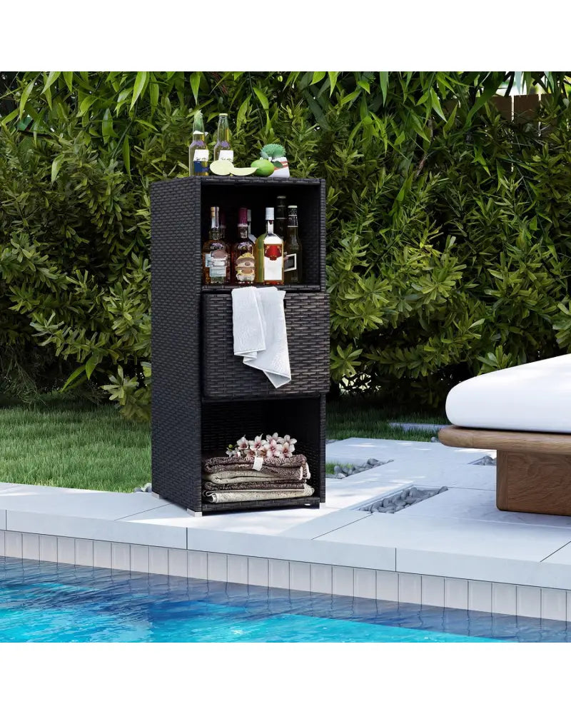 Outdoor Storage Cabinet Patio Wicker Organizer with Drawer-Black - Black - Sheds & Outdoor Storage