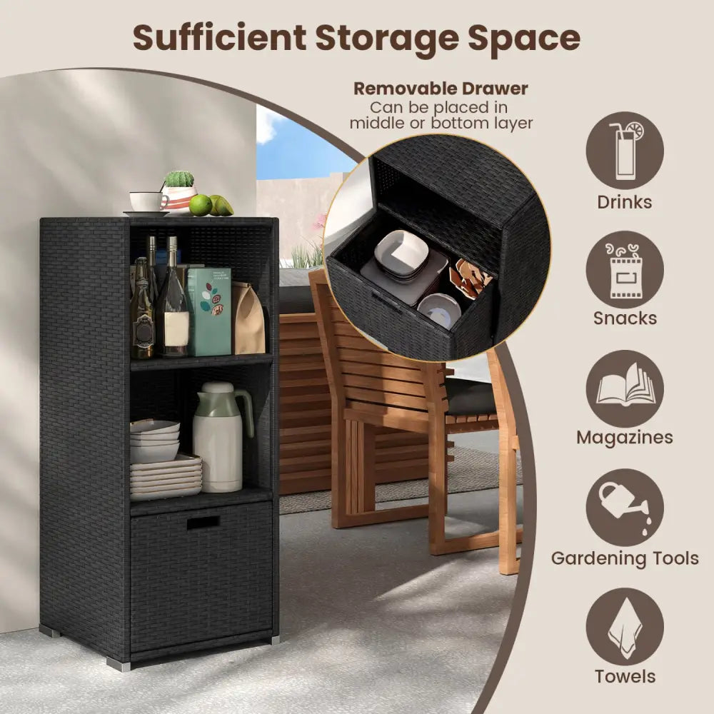 Outdoor Storage Cabinet Patio Wicker Organizer with Drawer-Black - Black - Sheds & Outdoor Storage
