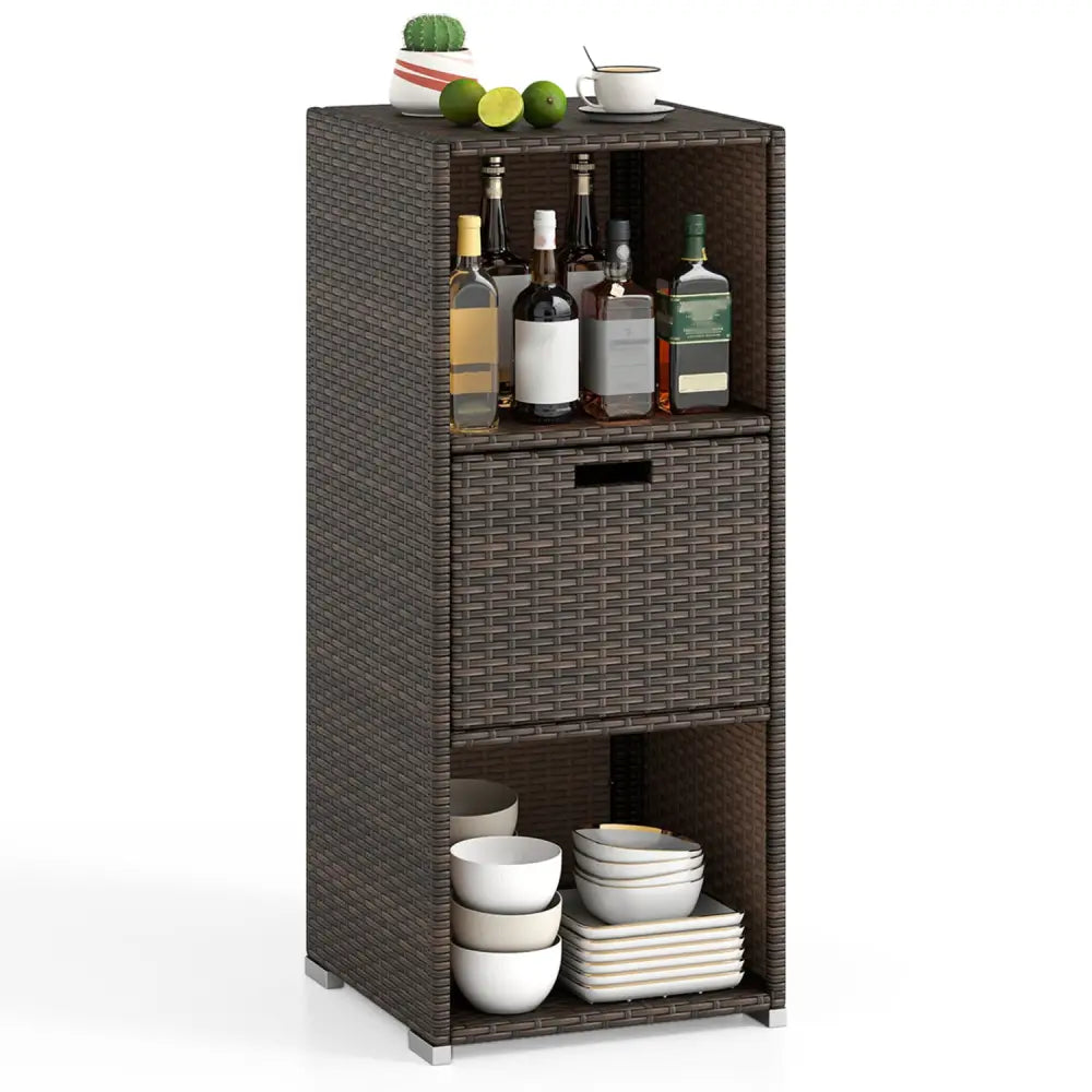 Outdoor Storage Cabinet Patio Wicker Organizer with Drawer-Brown - Brown - Sheds & Outdoor Storage