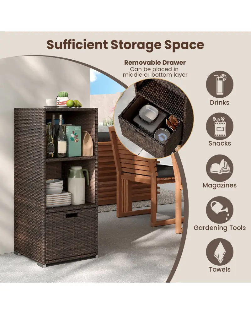 Outdoor Storage Cabinet Patio Wicker Organizer with Drawer-Brown - Brown - Sheds & Outdoor Storage
