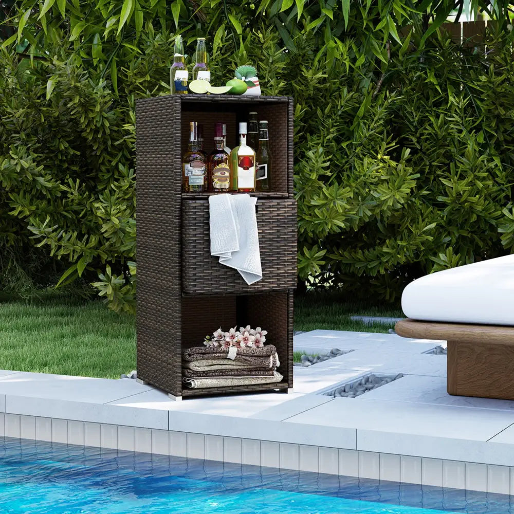 Outdoor Storage Cabinet Patio Wicker Organizer with Drawer-Brown - Brown - Sheds & Outdoor Storage