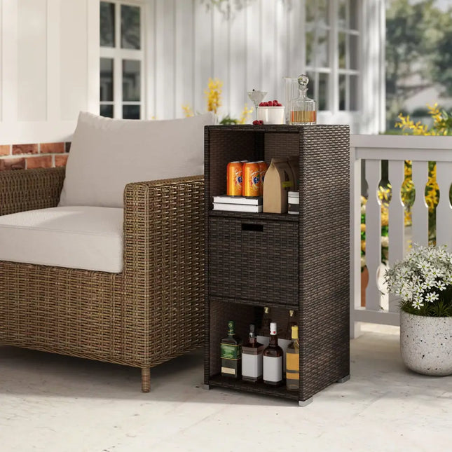Outdoor Storage Cabinet Patio Wicker Organizer with Drawer-Brown - Brown - Sheds & Outdoor Storage