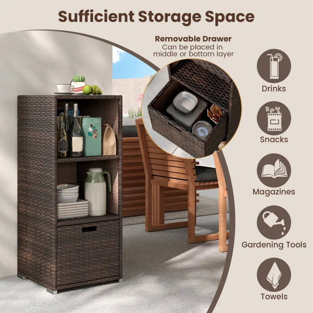 Outdoor Storage Cabinet Patio Wicker Organizer with Drawer-Brown - Brown - Sheds & Outdoor Storage