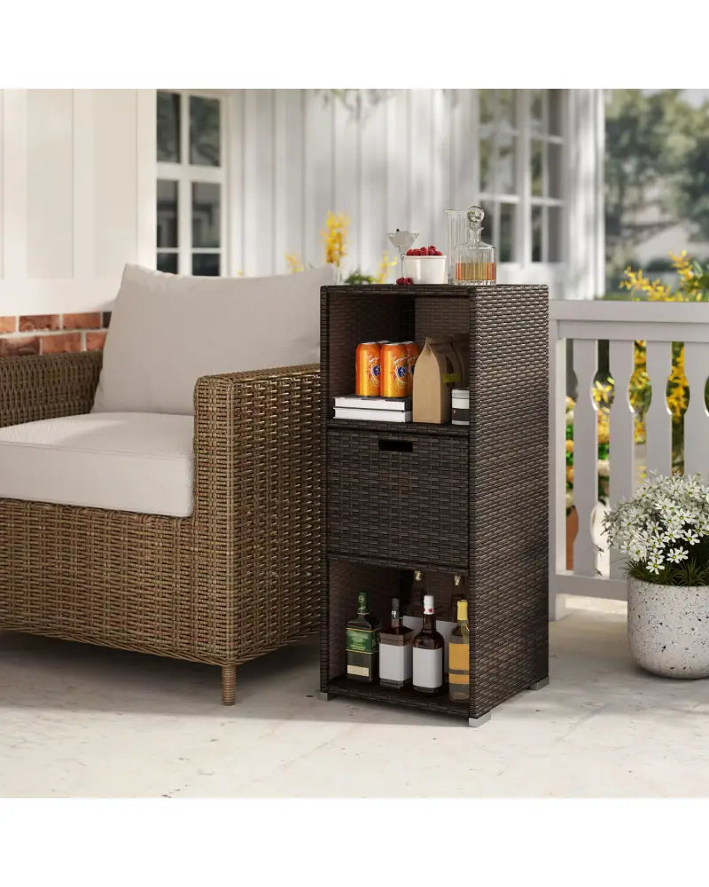 Outdoor Storage Cabinet Patio Wicker Organizer with Drawer-Brown - Brown - Sheds & Outdoor Storage