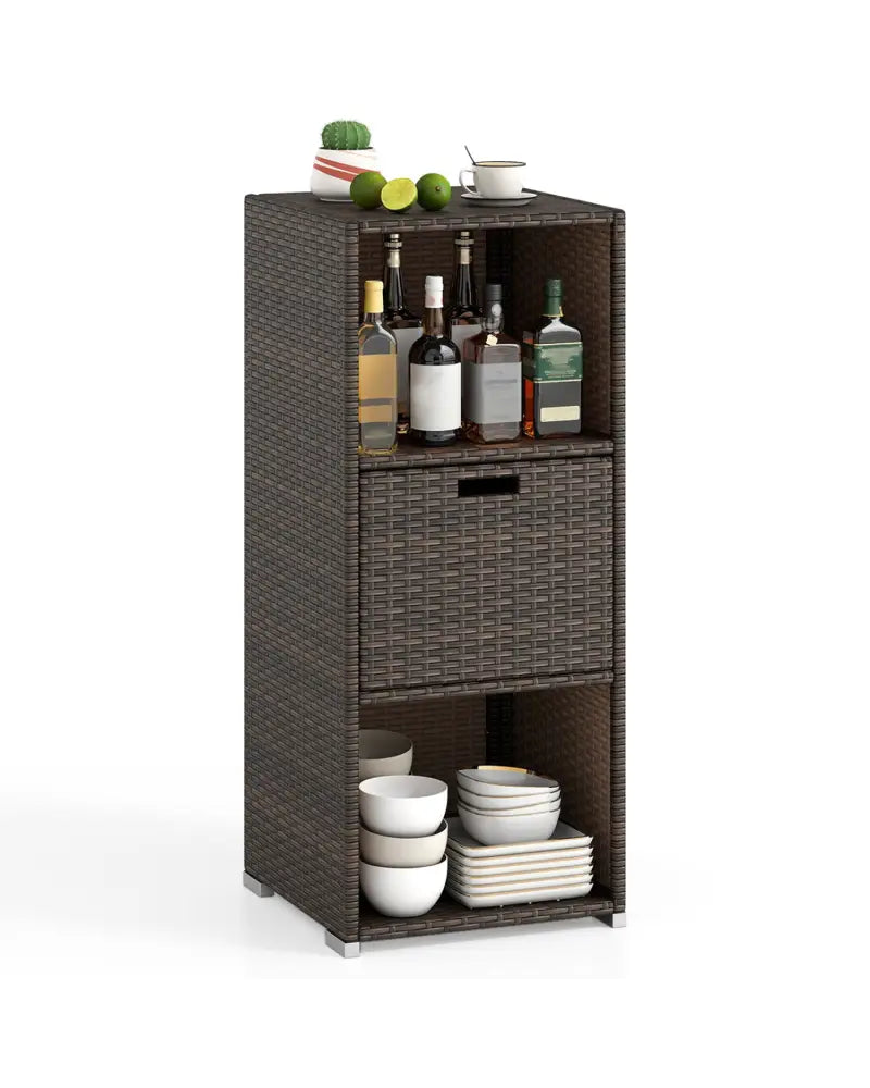 Outdoor Storage Cabinet Patio Wicker Organizer with Drawer-Brown - Brown - Sheds & Outdoor Storage