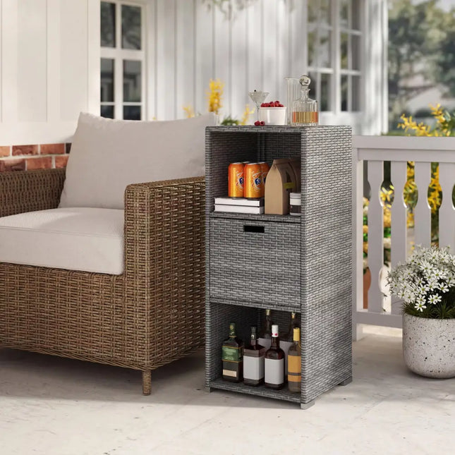 Outdoor Storage Cabinet Patio Wicker Organizer with Drawer-Gray - Gray - Sheds & Outdoor Storage