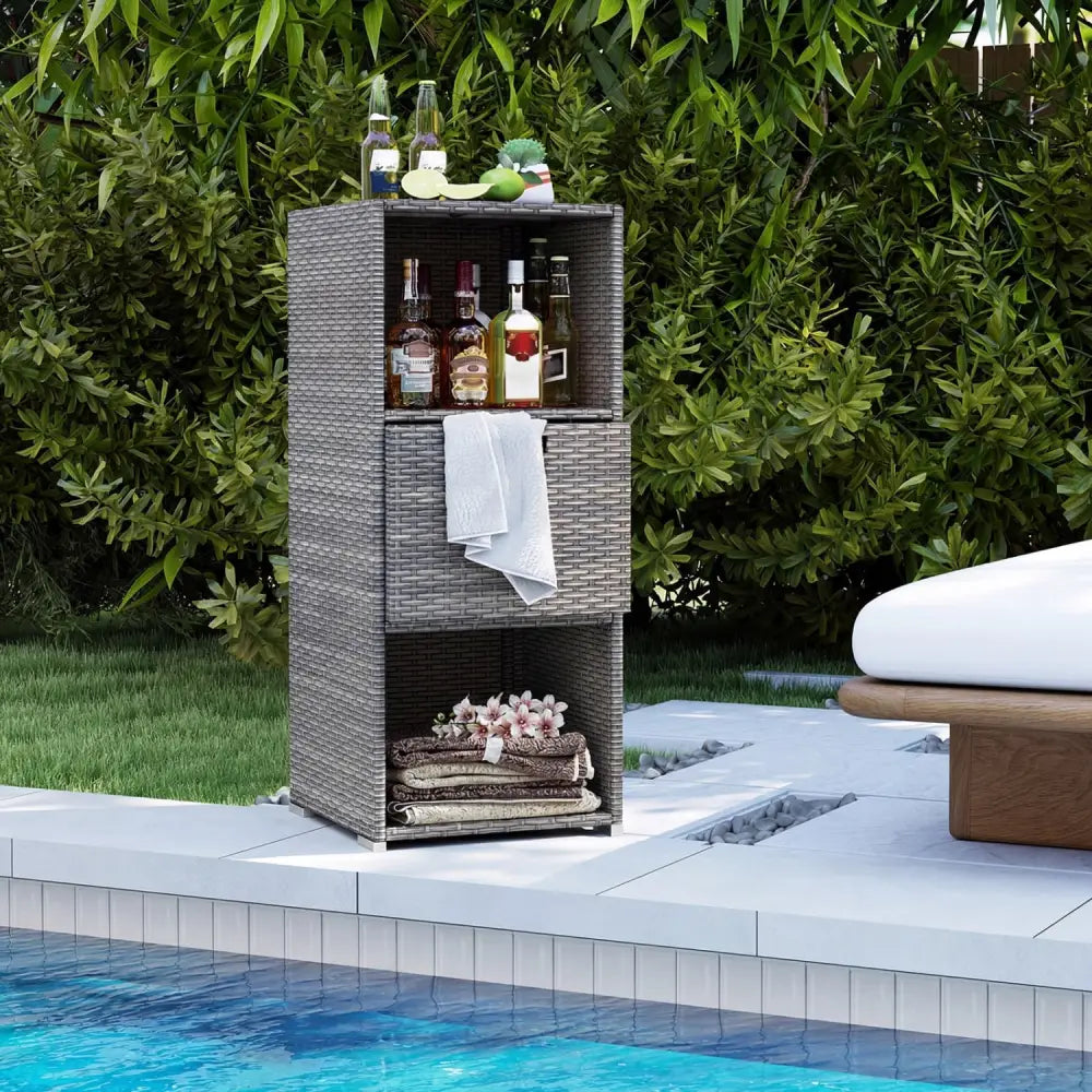 Outdoor Storage Cabinet Patio Wicker Organizer with Drawer-Gray - Gray - Sheds & Outdoor Storage