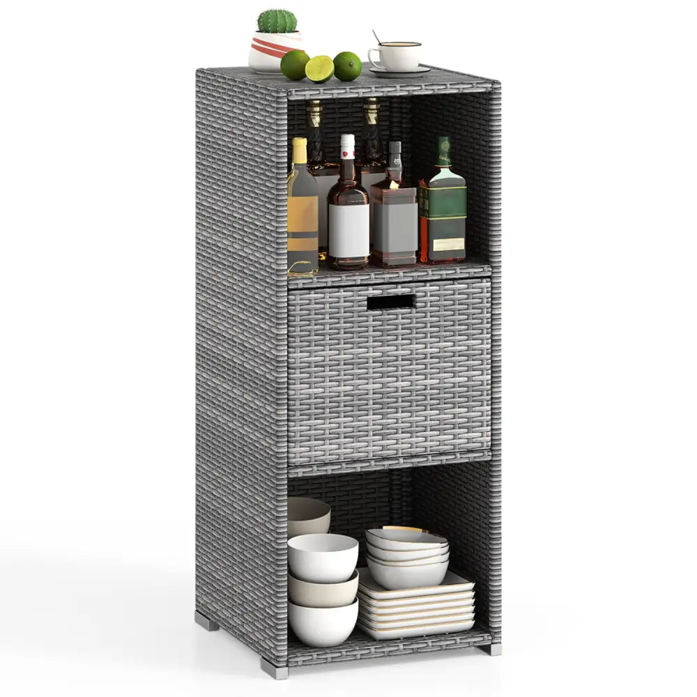 Outdoor Storage Cabinet Patio Wicker Organizer with Drawer-Gray - Gray - Sheds & Outdoor Storage