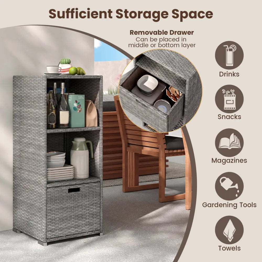 Outdoor Storage Cabinet Patio Wicker Organizer with Drawer-Gray - Gray - Sheds & Outdoor Storage